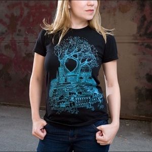 Black Graphic Tee with Teal Tree City Design